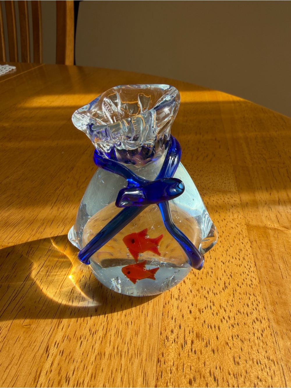 Blue Accented Glass Fish Figurine with Orange Fish Design